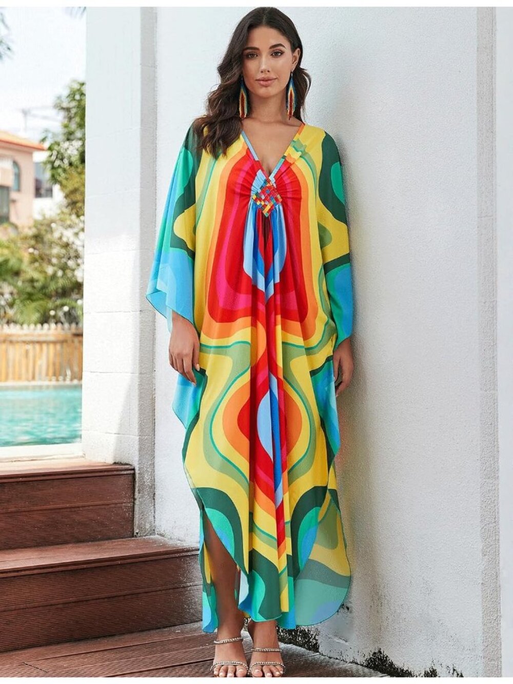 Women's Plus Size Kaftan Maxi Dress Batwing Sleeve Beach Cover Up-8759-color8 - Picture 3 of 6